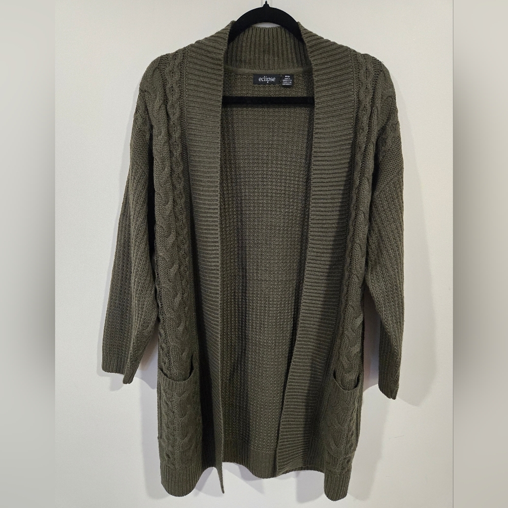 Eclipse Olive Green Cable Knit Cardigan Sweater